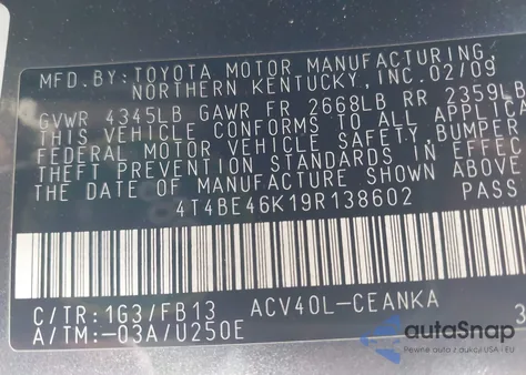 2009 Toyota Camry Le from USA, damaged, VIN 4T4BE46K19R138602